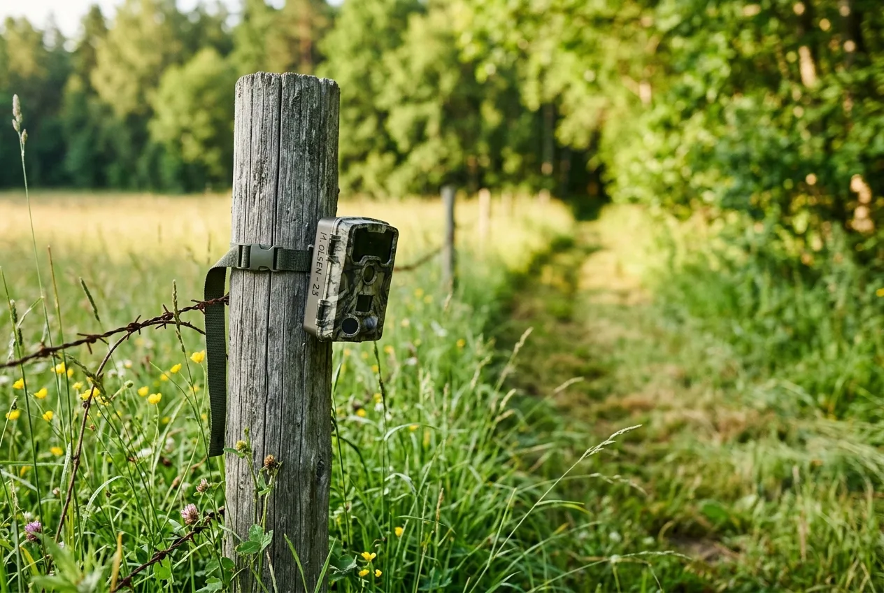 Una fototrappola fissata a un vecchio palo di recinzione al margine di un campo di fieno, rivolta verso un passaggio che porta al bosco