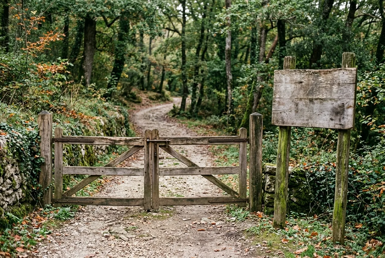 Un cancello chiuso e una bacheca informativa vuota all'ingresso di un parco naturale, con un sentiero che porta nel bosco