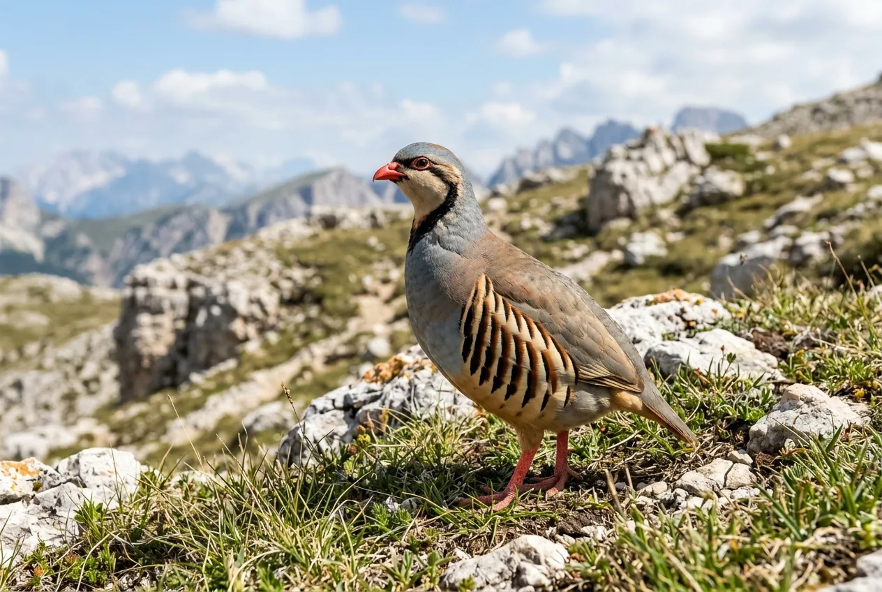 Una coturnice dal collare nero, il becco e le zampe rosse su un pendio erboso e roccioso sopra il limite del bosco