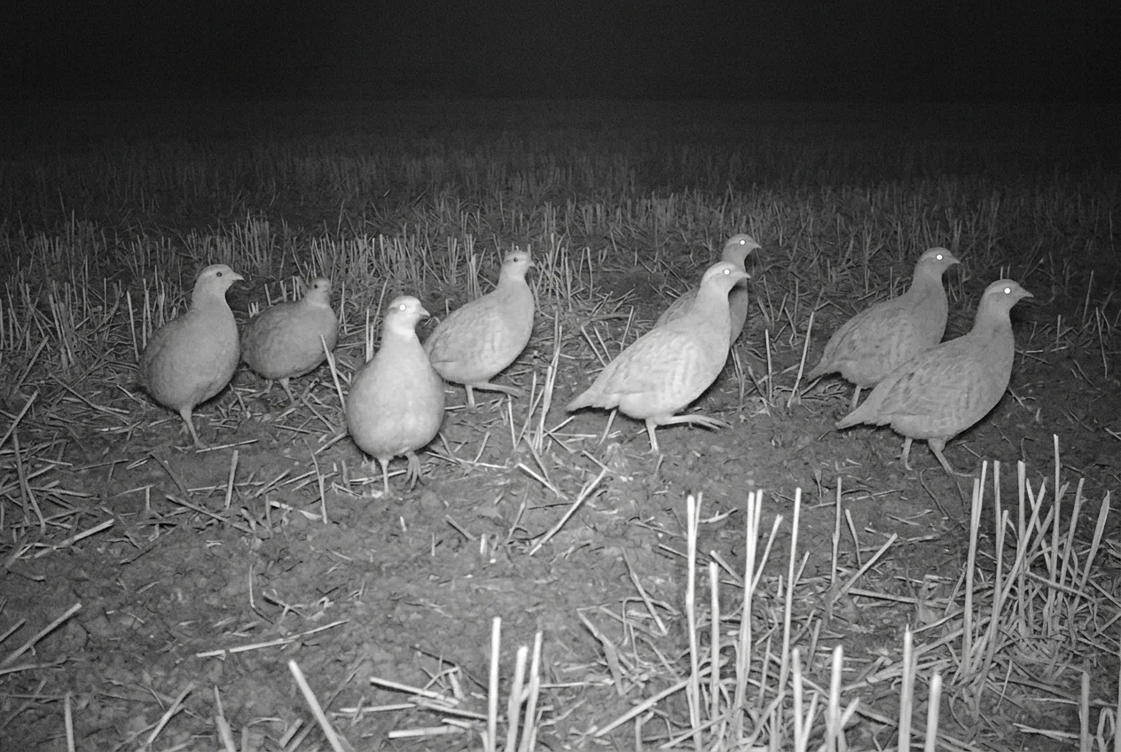 Fotogramma notturno a infrarossi di una fototrappola: un gruppetto di starne attraversa un campo di stoppie, la sagoma tondeggiante visibile ma senza colore nel piumaggio