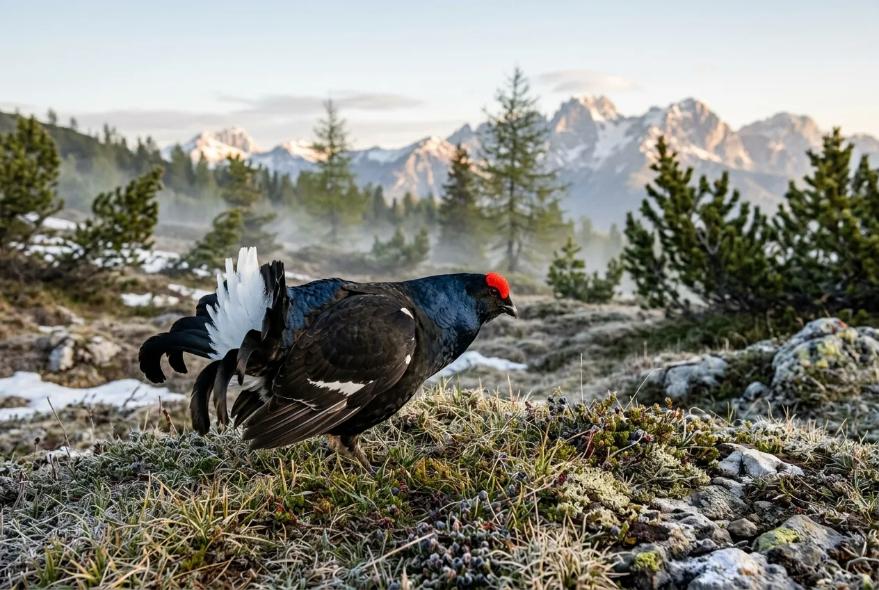 Un maschio di fagiano di monte (gallo forcello) in parata nuziale con la coda a lira aperta, al limite del bosco alpino all'alba