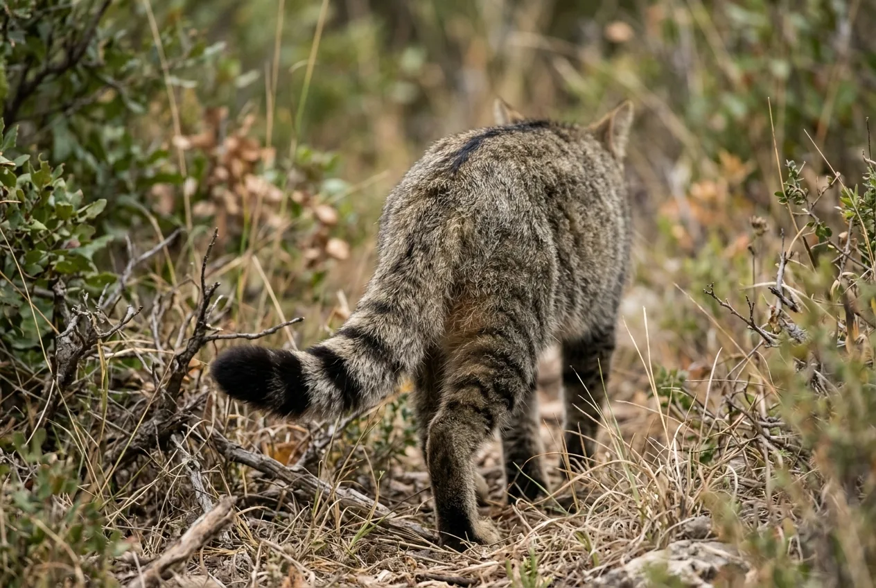 Primo piano della coda folta e a clava di un gatto selvatico, con anelli neri ben marcati, punta nera e la riga dorsale che termina alla base