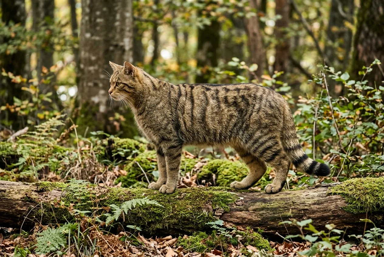 Un gatto selvatico su un tronco caduto mostra il mantello color ocra con strie ordinate e continue sul collo e sulle spalle, e zampe senza alcuna macchia bianca