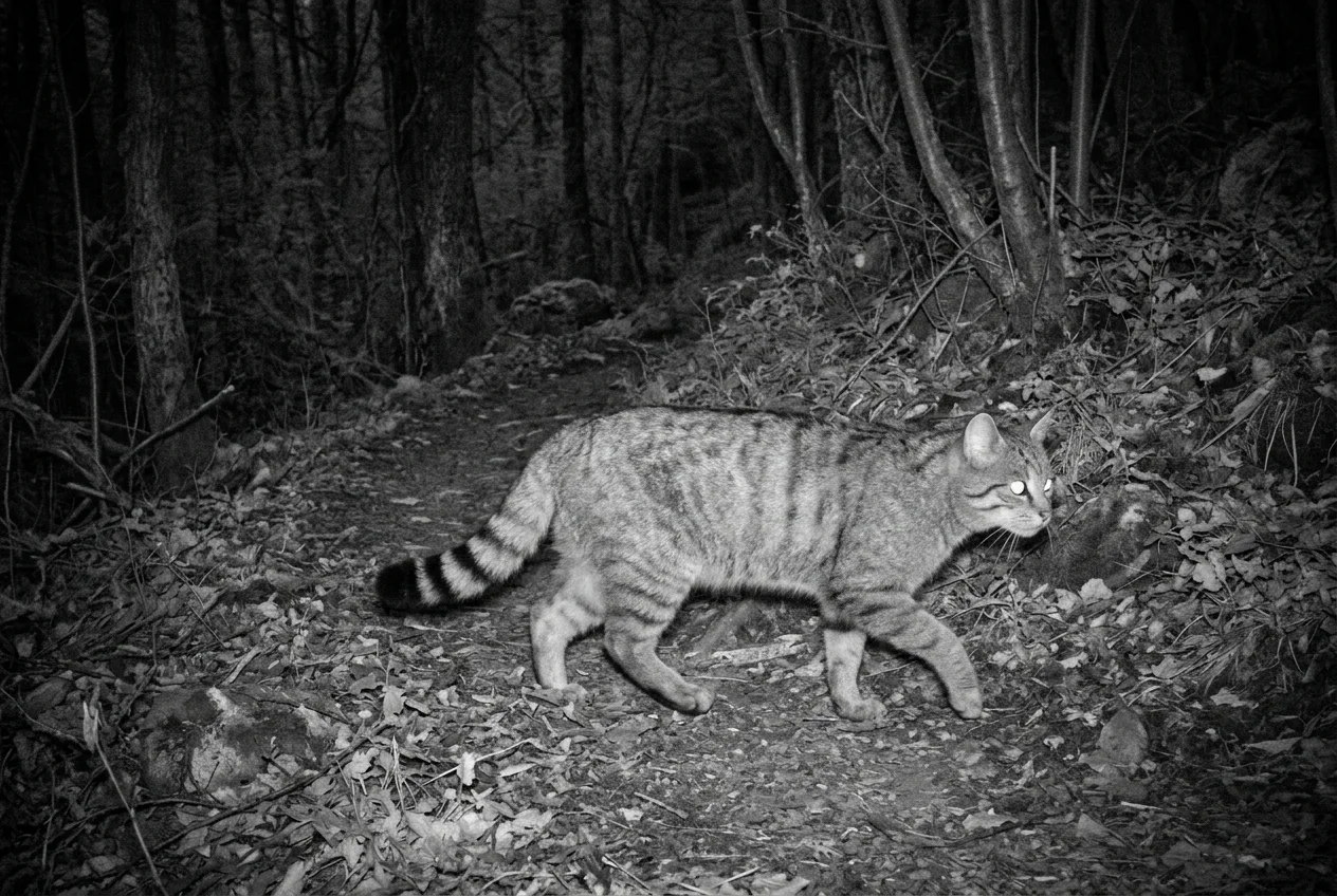 Fotogramma notturno a infrarossi di una fototrappola: un gatto selvatico attraversa un sentiero, con gli anelli neri della coda e la riga dorsale ancora leggibili in bianco e nero