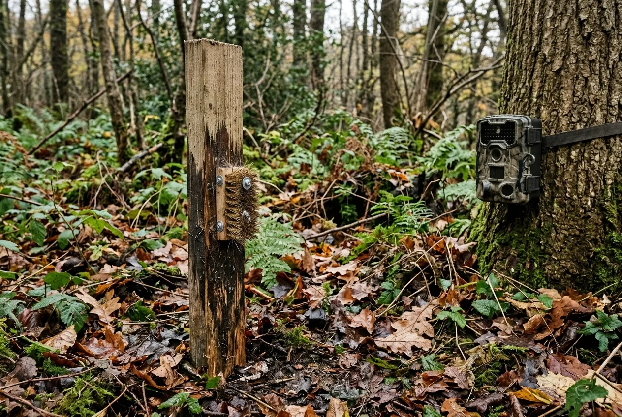 Un piolo imbevuto di tintura di valeriana con una spazzola per raccogliere i peli, e una fototrappola puntata al livello del terreno ai margini del bosco