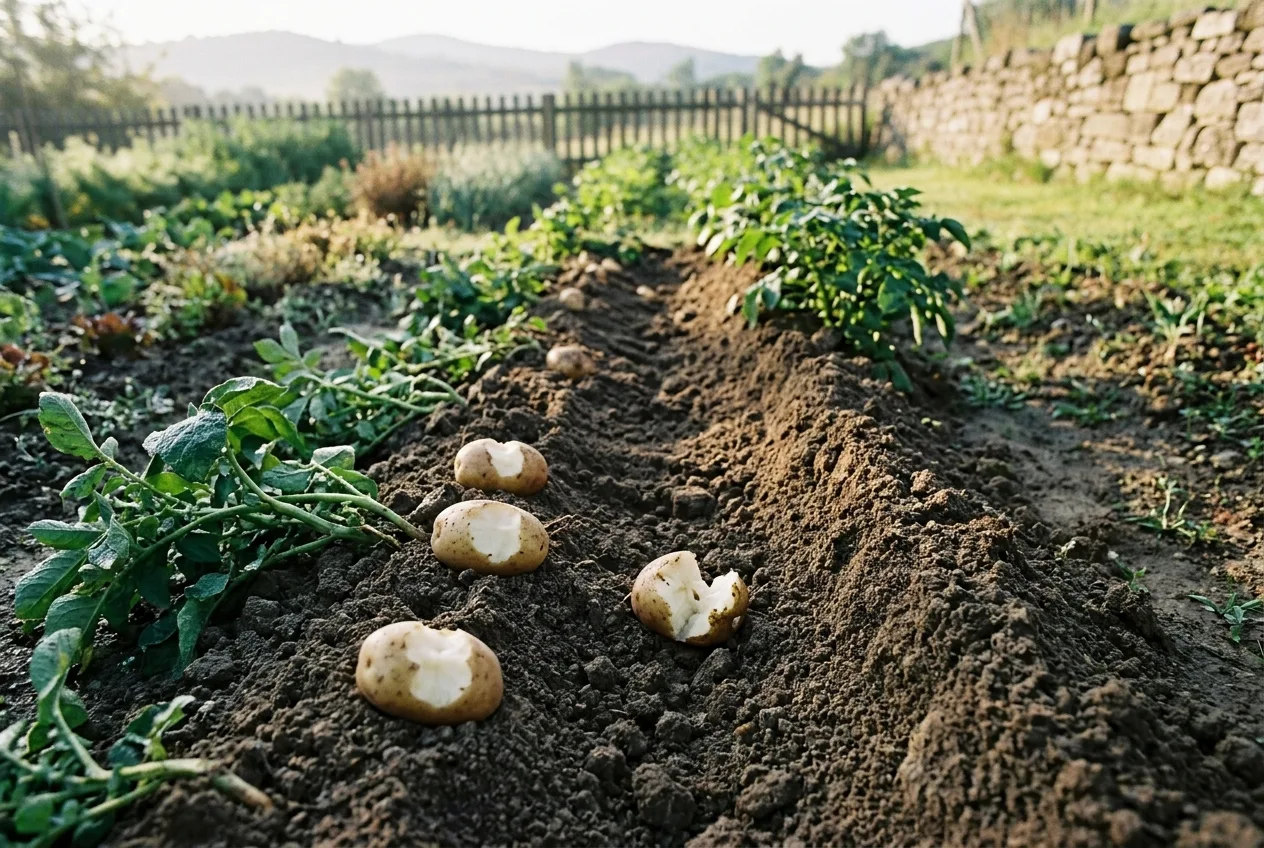 Un filare di patate nell'orto con i tuberi scalzati in modo lineare e alcuni morsi netti, segno tipico del passaggio notturno dell'istrice
