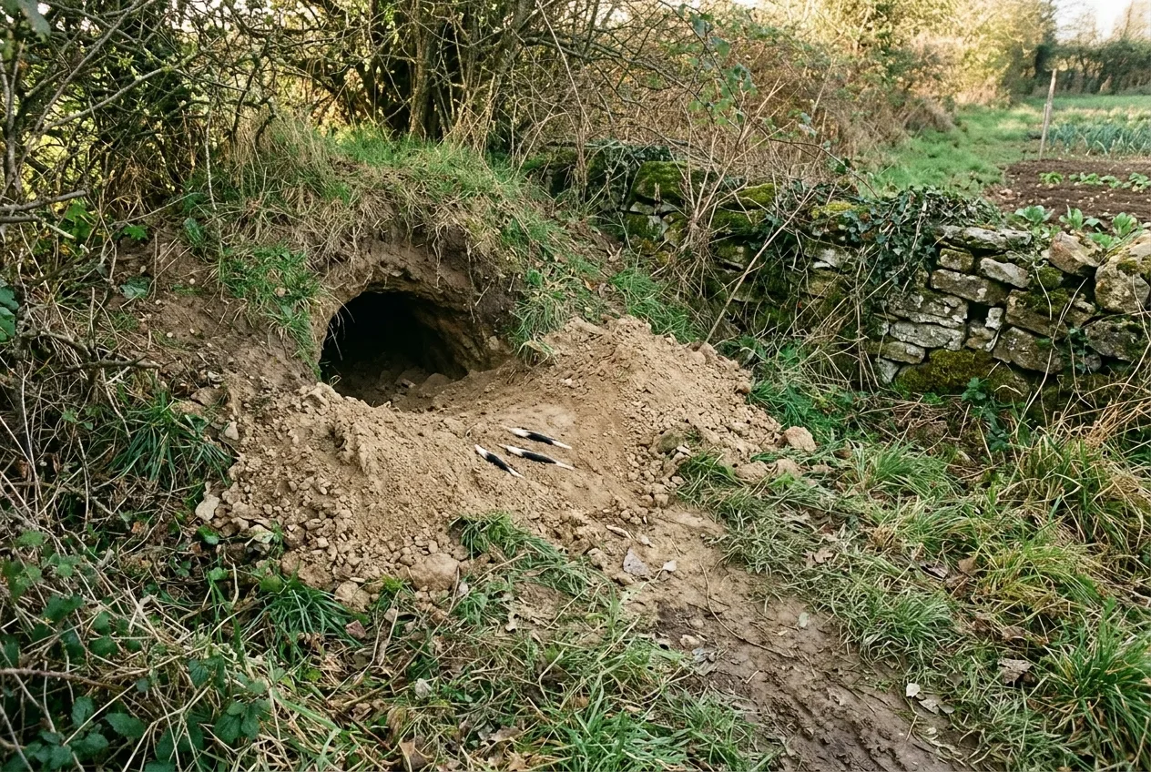 Un ampio ingresso di tana scavato in una scarpata vicino a una siepe, con terreno smosso e alcuni aculei caduti nei pressi dell'apertura