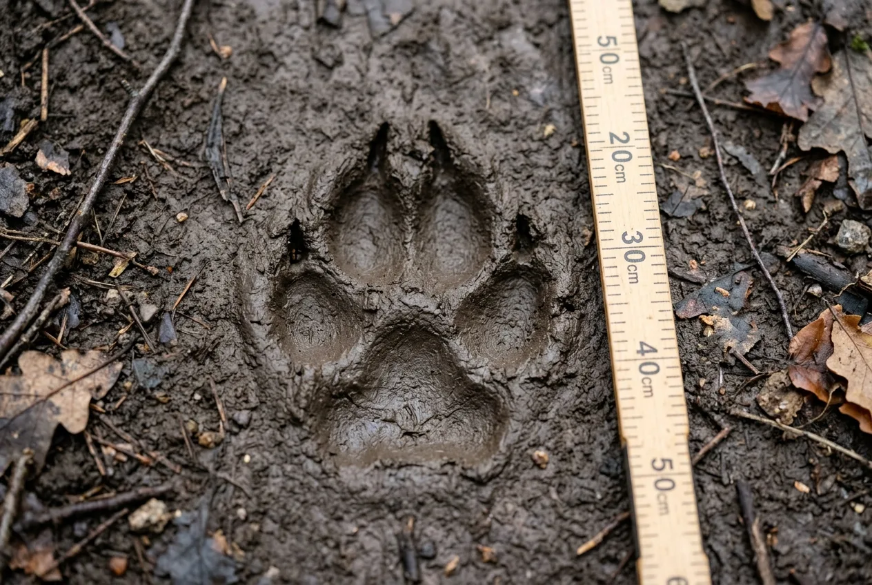 Una singola impronta di lupo nel fango, ovale e larga circa undici centimetri, accanto a un metro pieghevole per la misura