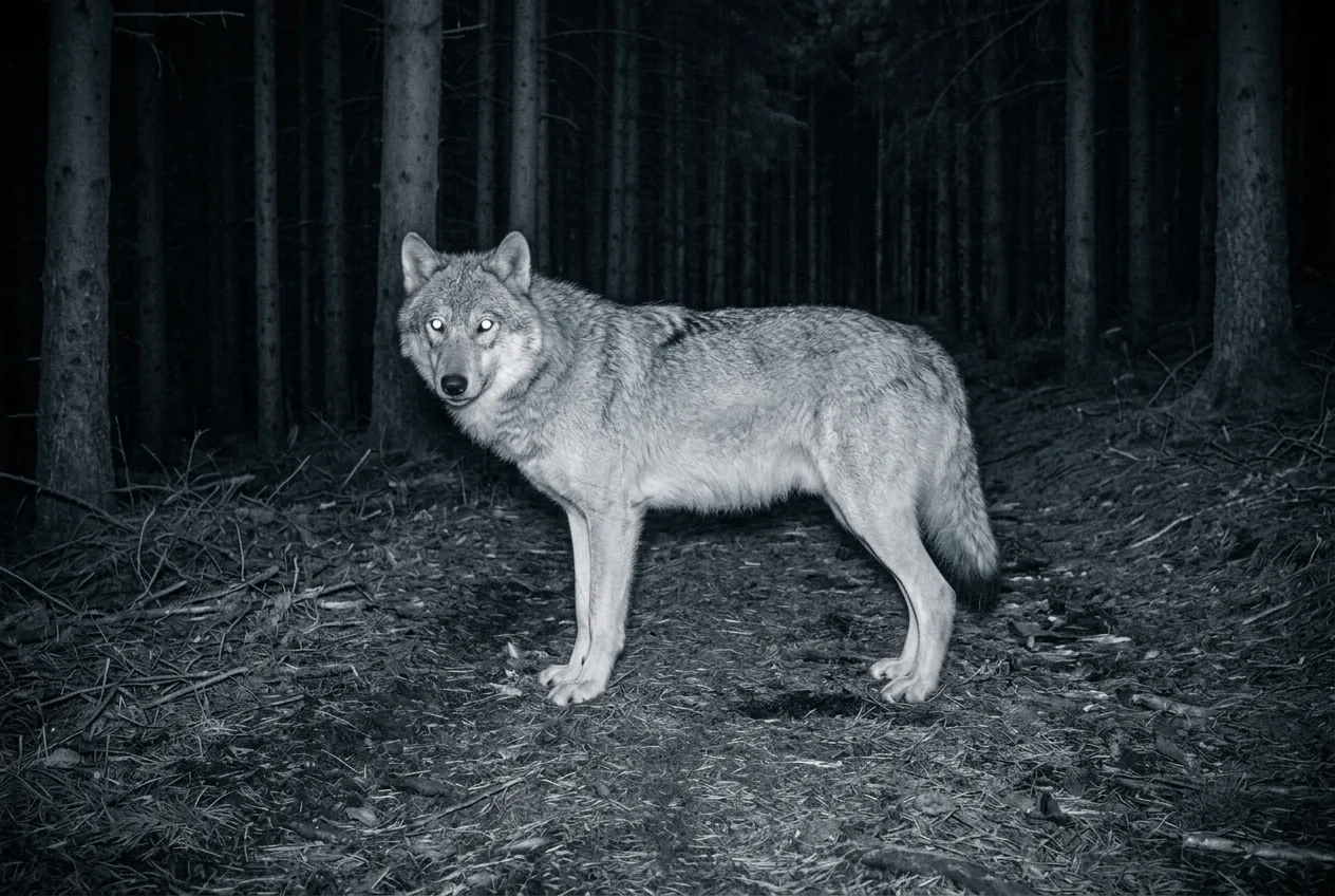 Immagine notturna in bianco e nero di una fototrappola: un lupo di profilo su un sentiero del bosco, con gli occhi che riflettono la luce a infrarossi