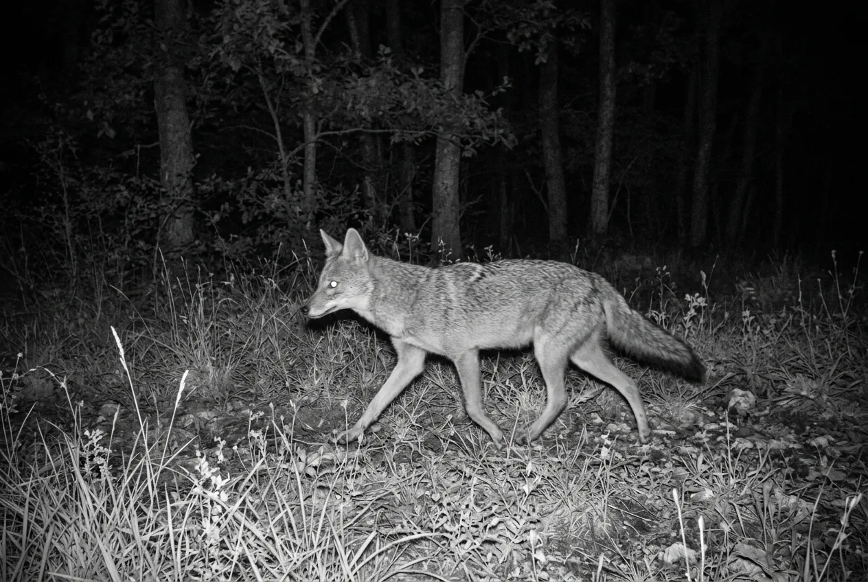 Fotogramma notturno a infrarossi di una fototrappola: uno sciacallo dorato dalla taglia intermedia tra la volpe e il lupo, con la lunga coda folta, attraversa una radura al margine del bosco