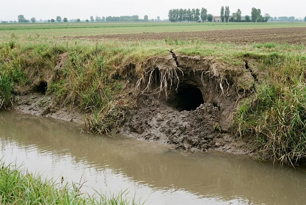 Un ampio foro di tana scavato proprio sul pelo dell'acqua in un argine di canale, con terra smossa e radici esposte intorno all'imbocco