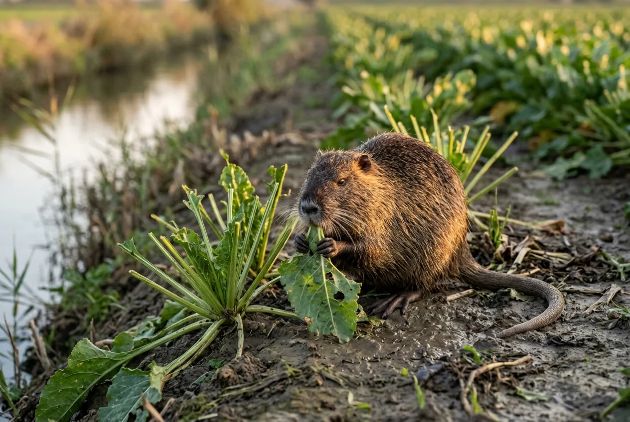 Una nutria china a mangiare foglie di barbabietola da zucchero ai margini di un campo, a pochi passi dall'acqua di un canale