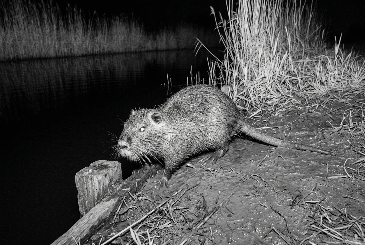 Fotogramma notturno a infrarossi di una fototrappola: una nutria ripresa in bianco e nero mentre risale l'argine di un canale, con la coda cilindrica visibile in sagoma
