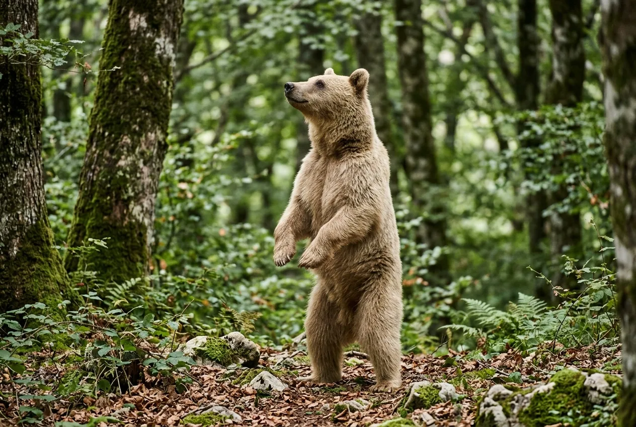 Un orso bruno marsicano si alza sulle zampe posteriori per annusare l'aria in una faggeta appenninica