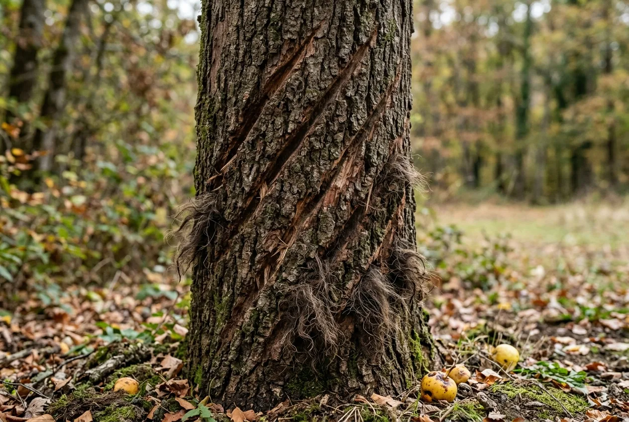 Corteccia di un albero da frutto con graffi obliqui di unghiate all'altezza del petto e ciuffi di pelo lanoso impigliati nella scorza