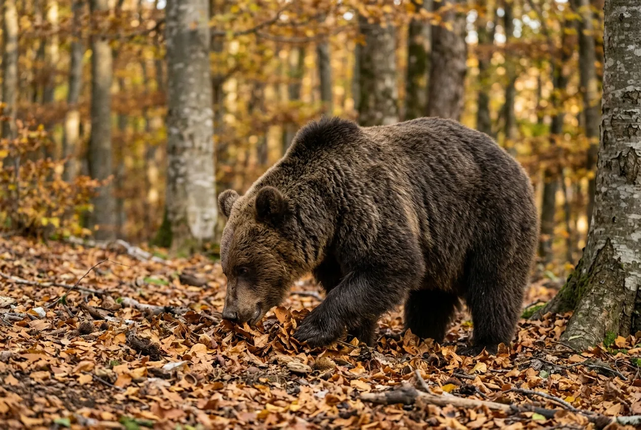 Un orso bruno marsicano si nutre di faggiole tra le foglie cadute di una faggeta appenninica in autunno