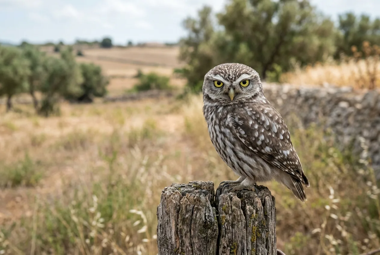 Una civetta tozza e priva di ciuffi auricolari appollaiata su un palo di legno in pieno giorno, occhi gialli e sopraccigli chiari