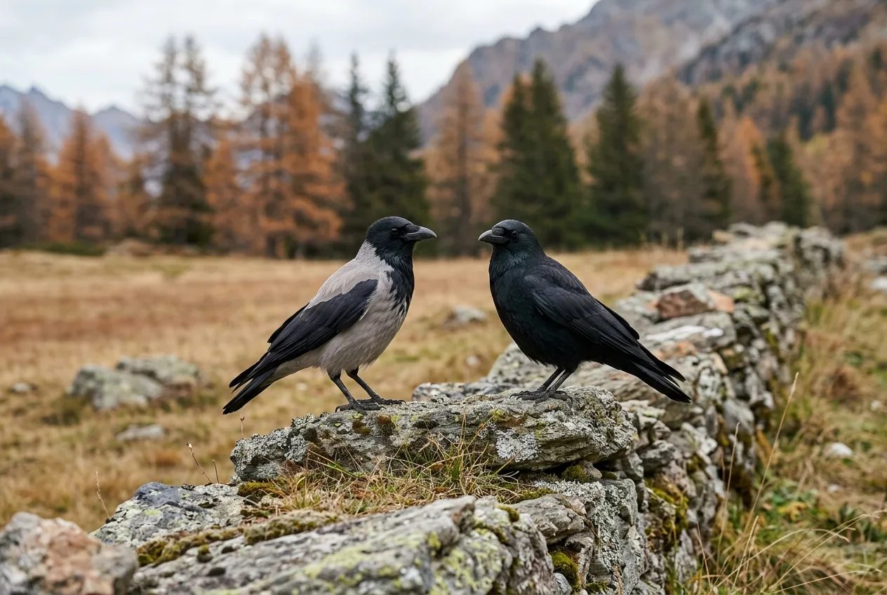 Una cornacchia grigia dal corpo grigio chiaro e una cornacchia nera interamente nera, appollaiate fianco a fianco su un muretto in un pascolo prealpino