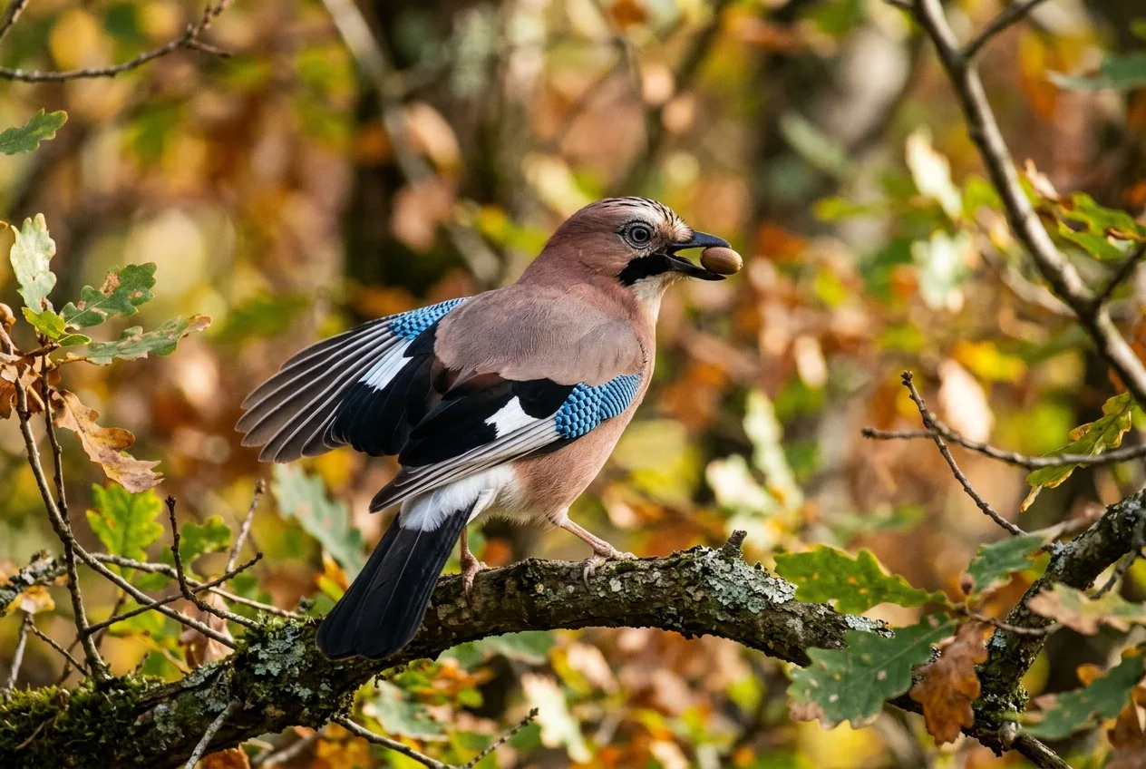 Una ghiandaia appollaiata su un ramo di quercia mostra lo specchio alare azzurro sbarrato di nero e bianco, con una ghianda nel becco