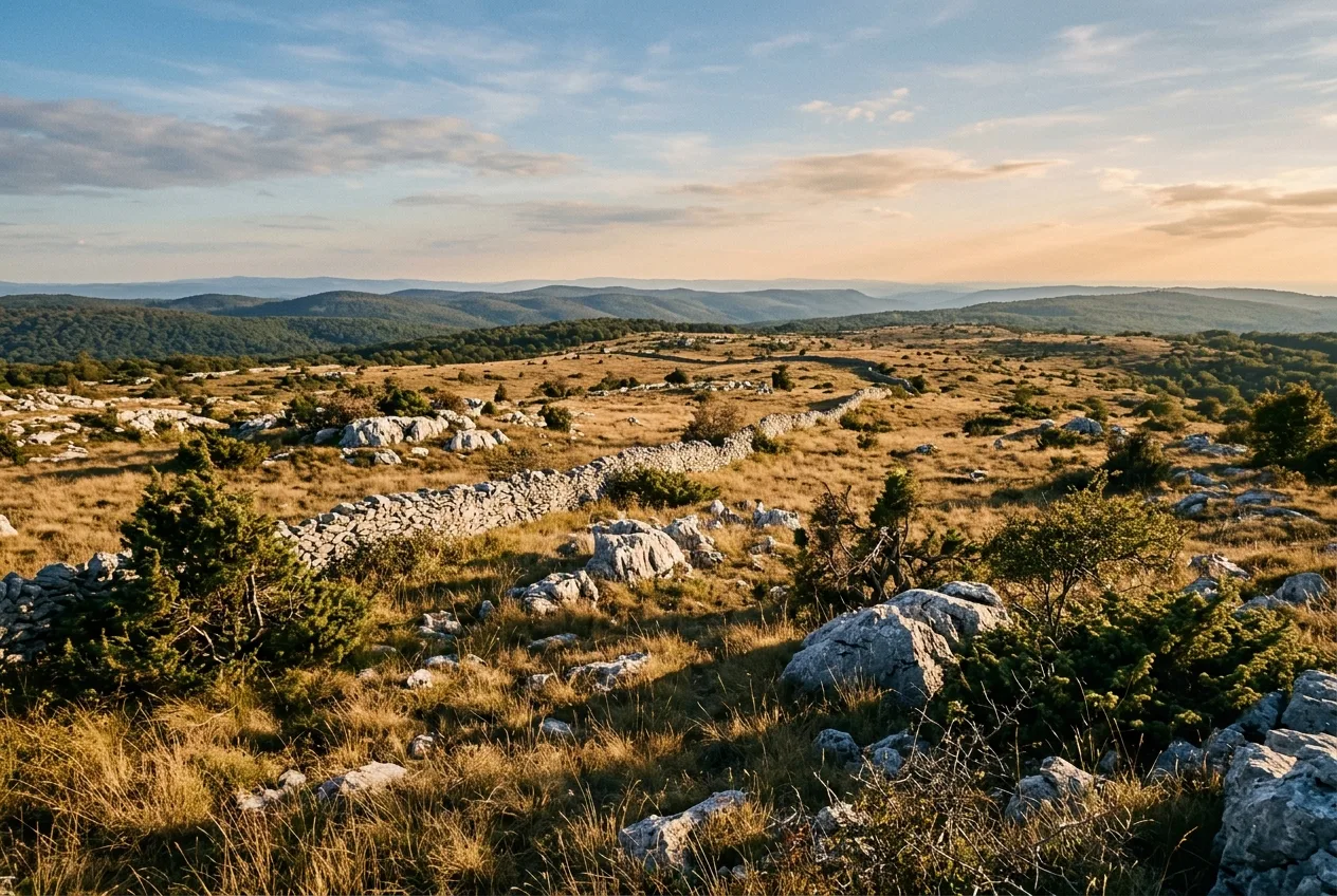 Ampio paesaggio del Carso triestino, con radi affioramenti di roccia calcarea e muretti a secco fra i prati aridi