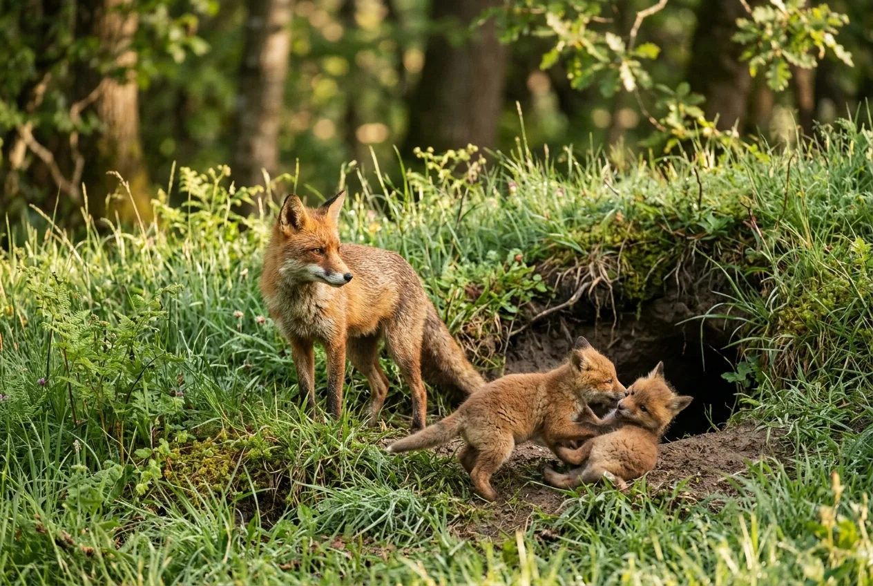 Una femmina di volpe con due cuccioli giocosi all'ingresso di una tana scavata in un argine erboso, nella luce morbida del mattino