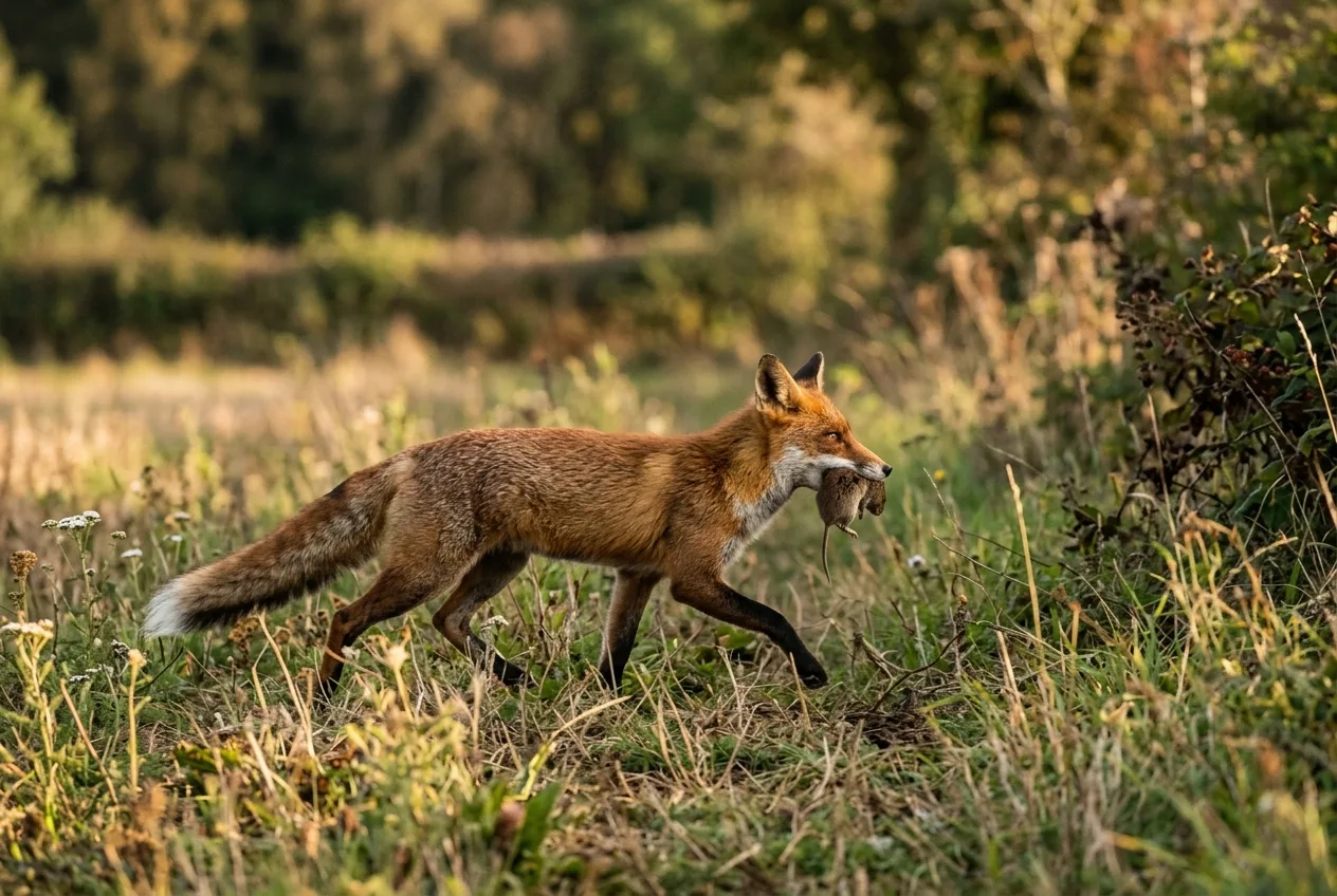 Una volpe attraversa una radura al margine del bosco nella luce dorata del tardo pomeriggio con un piccolo roditore in bocca, diretta verso un nascondiglio