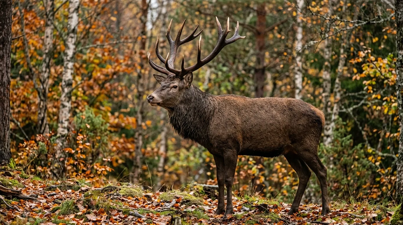 En eldre kronhjortbukk i profil viser kroppsform og alderstegn i norsk skog