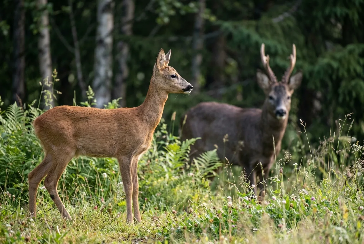 Et ungt rådyr i profil ved siden av en eldre bukk viser forskjell i kroppsbygning