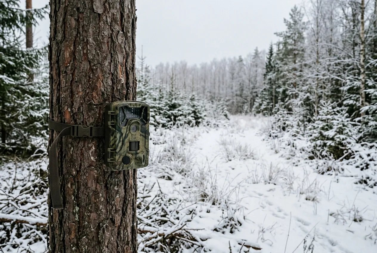 Et viltkamera festet til et tre, vinklet mot en åpen plass i norsk vinterskog med snø