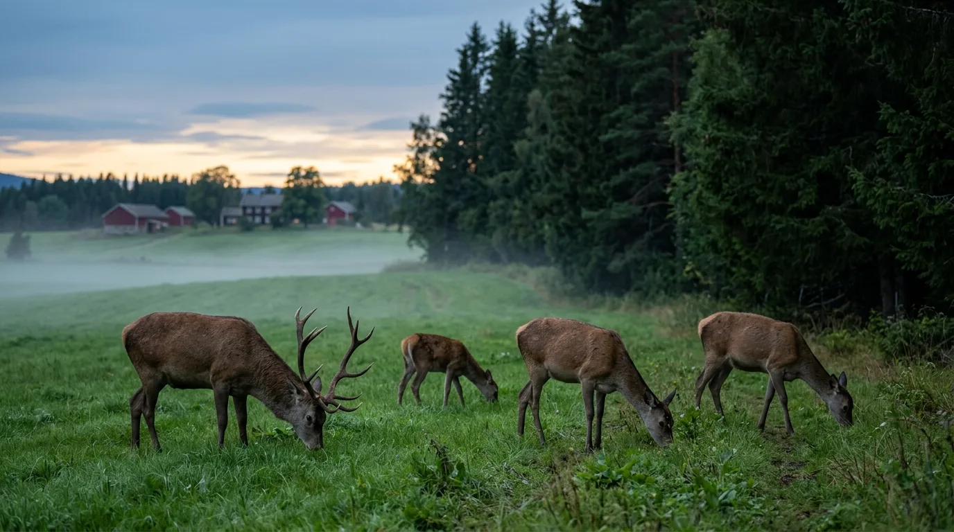 Hjort som beiter på innmark ved skogkanten på en norsk gård i skumringen