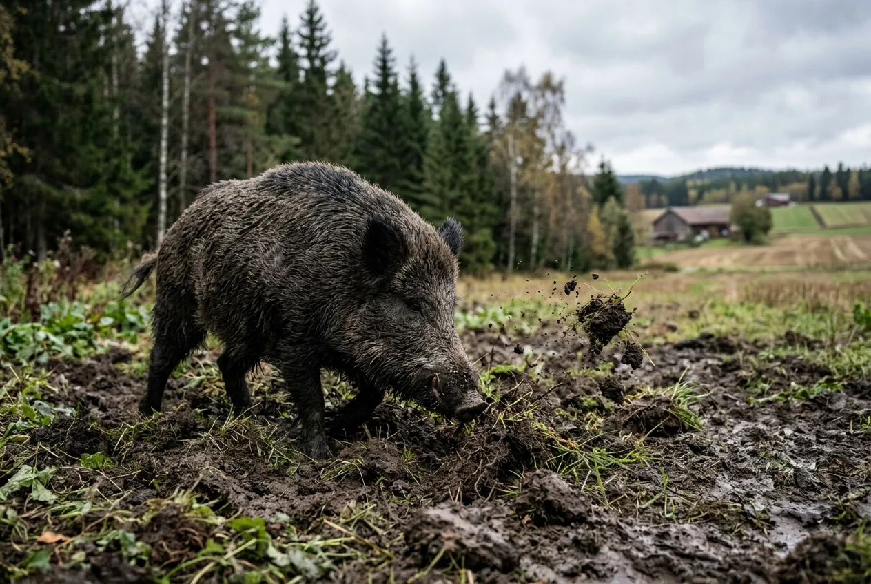 Et villsvin som roter opp jorda i kanten av en norsk åker
