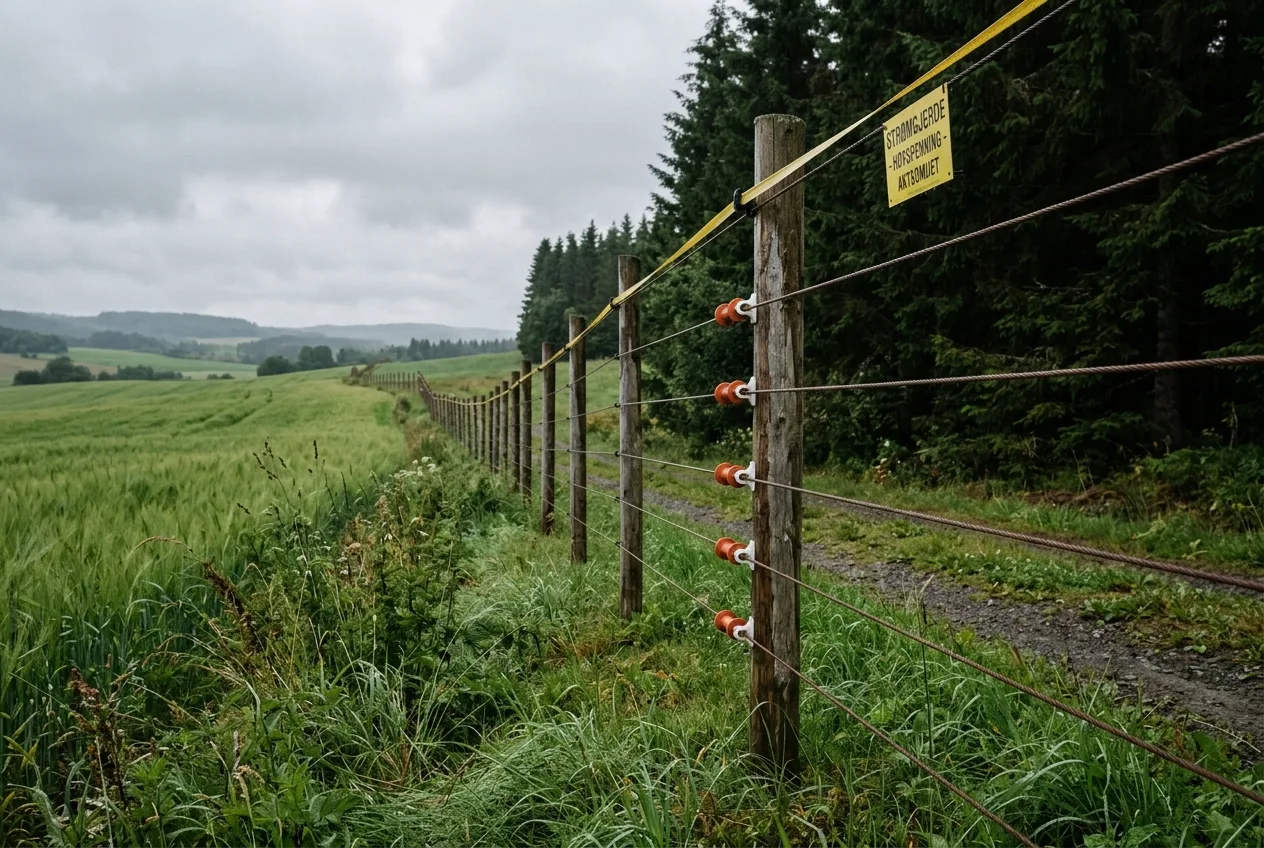 Et elektrisk viltgjerde langs en norsk innmark mot skogen