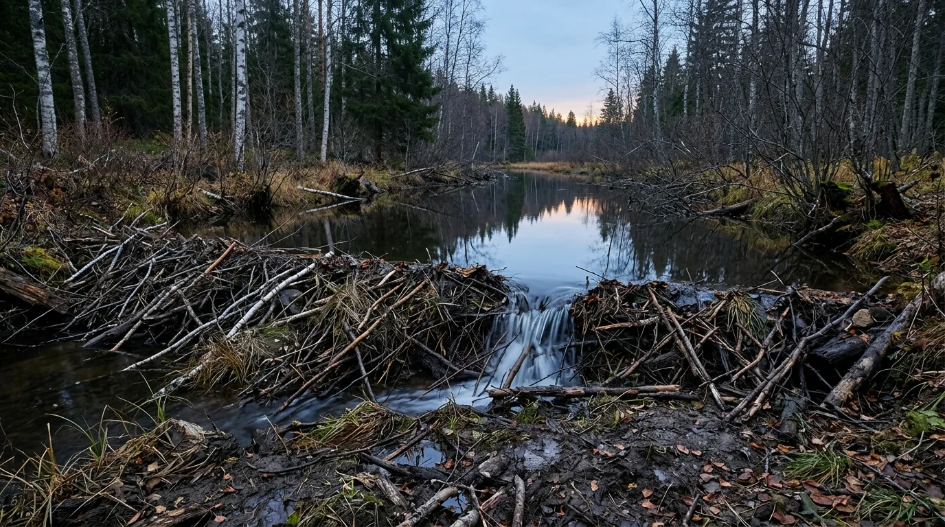 En beverdemning av kvist og gjørme på tvers av en stille skogsbekk i blåtimen, omgitt av bjørk og gran.