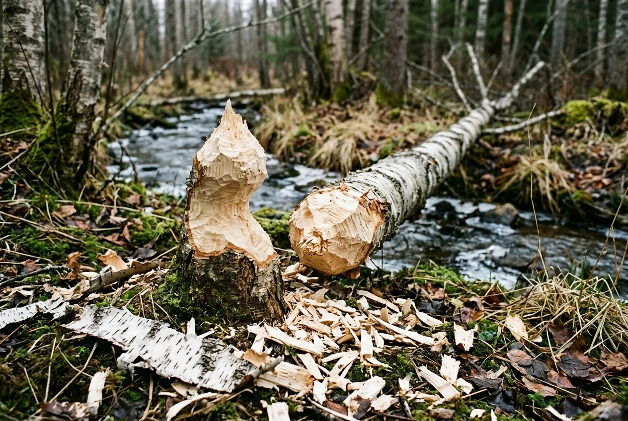En bjørkestamme felt av bever med timeglassformet snitt og lyse treflis spredt rundt foten.