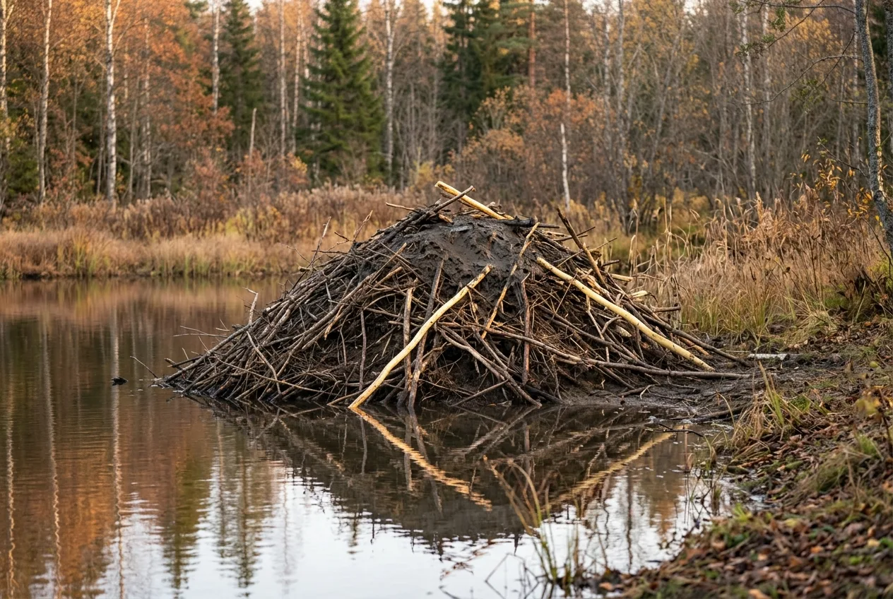 En beverhytte av kvist og gjørme ved kanten av en stille skogstjern med ferskt mudder på toppen.