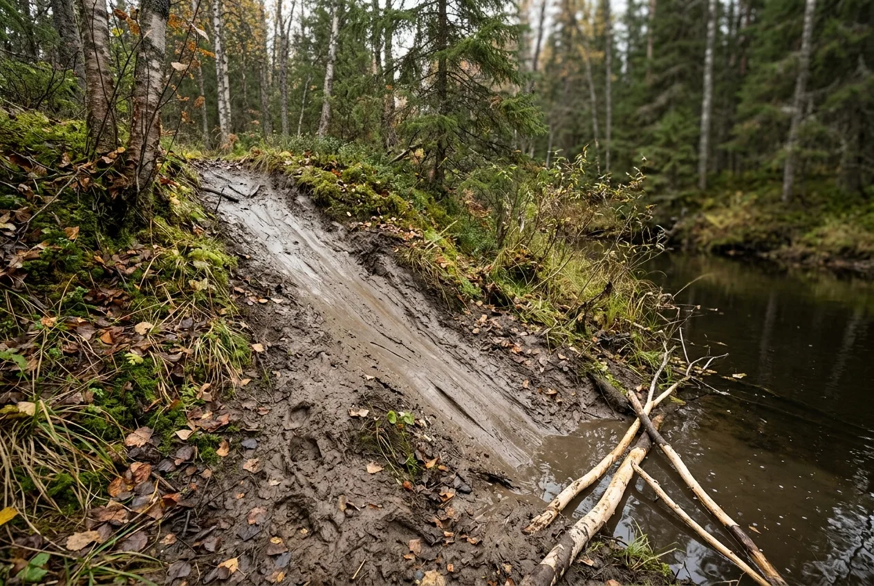 En glatt, gjørmete beversleper som leder fra skogen ned over bredden og ut i vannet.