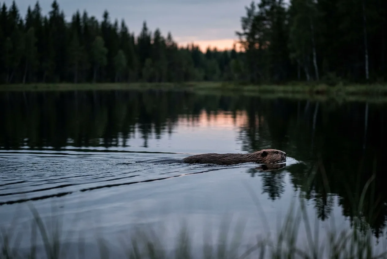 En bever svømmer rolig over et stille vann i skumringen med rygg og hode over flaten og en V-formet kjølvannsbølge bak seg.