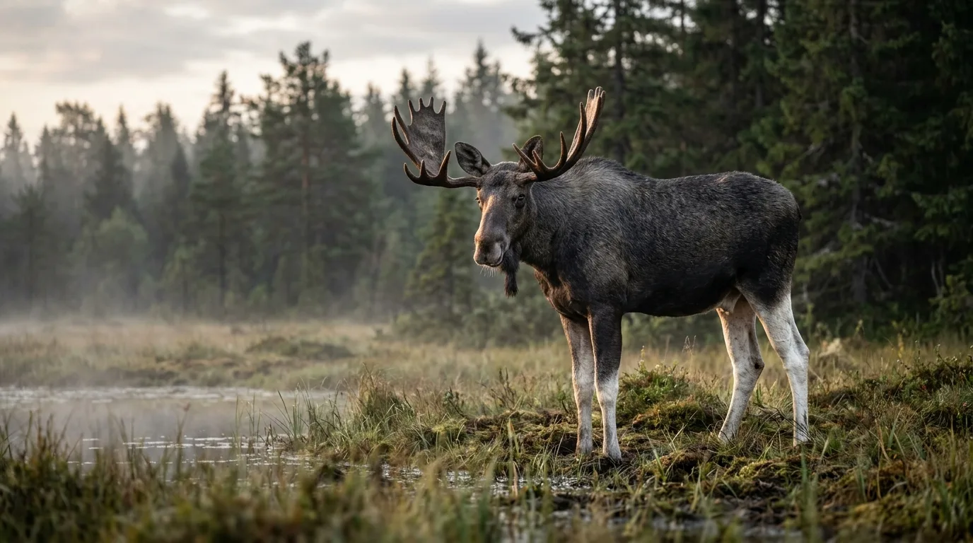 En elgokse står i kanten av et myrlandskap i en norsk granskog i morgenlys.
