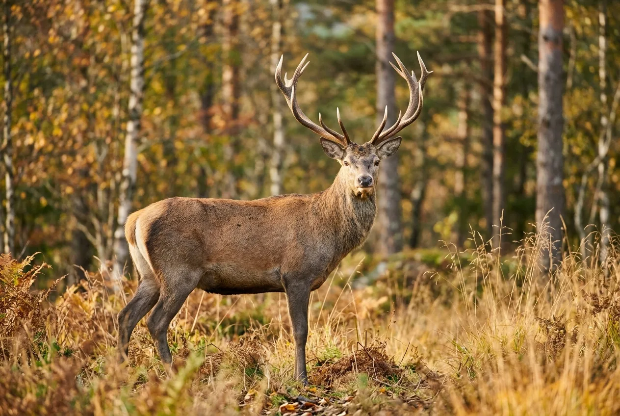 En kraftig hjortebukk med forgrenet gevir står i en lysning i en norsk løvskog om høsten.