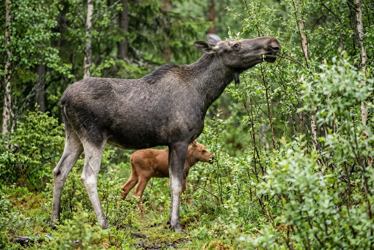 En antlerløs elgku med kalv beiter høyt i kratt og buskas i en norsk barskog.