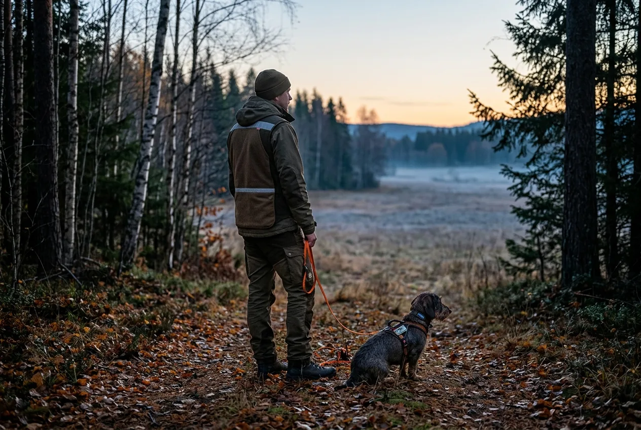 Føreren og ettersøkshunden står stille i skumringen ved skogkanten, rolige og konsentrerte.