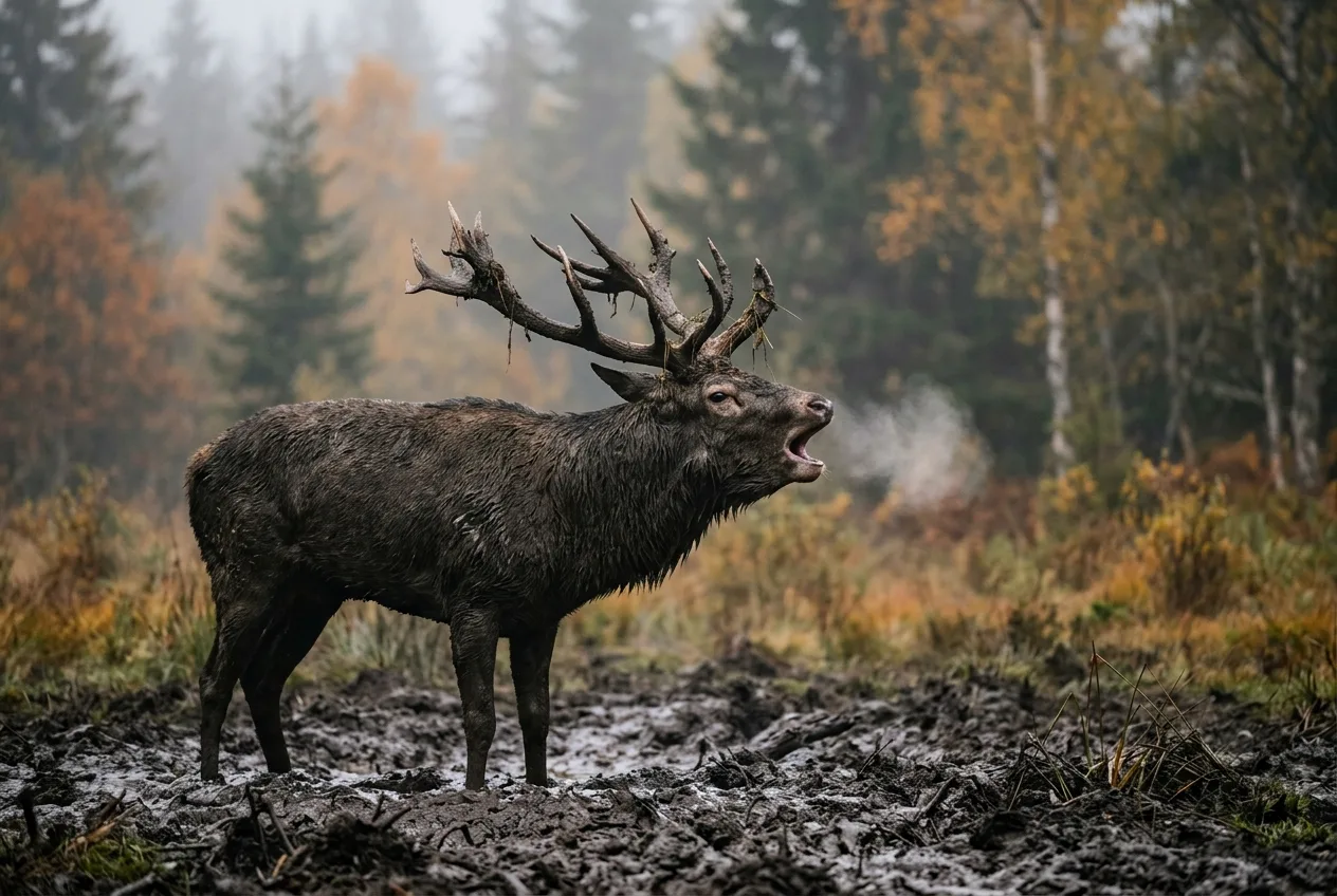 En kronhjortbukk brøler ved en gjørmete brunstgrop i tåkete norsk høstskog
