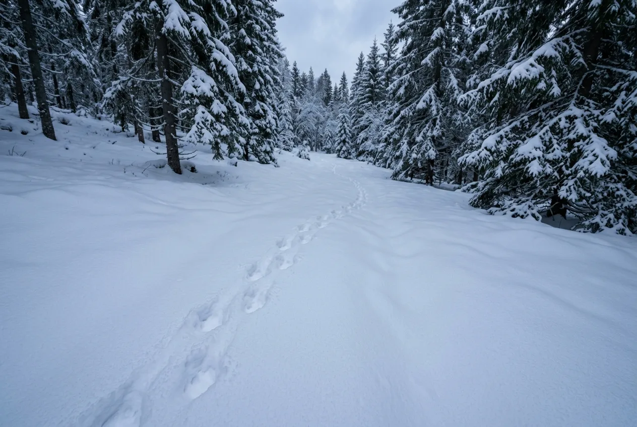 En vinding sporløype etter gaupe som slynger seg målbevisst gjennom dyp snø mellom grantrær.