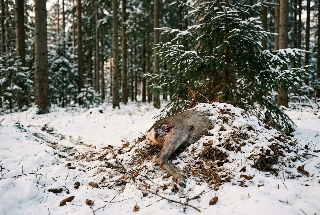 Et delvis oppspist rådyrkadaver som er dratt unna og dekket til med snø og granbar i vinterskogen.