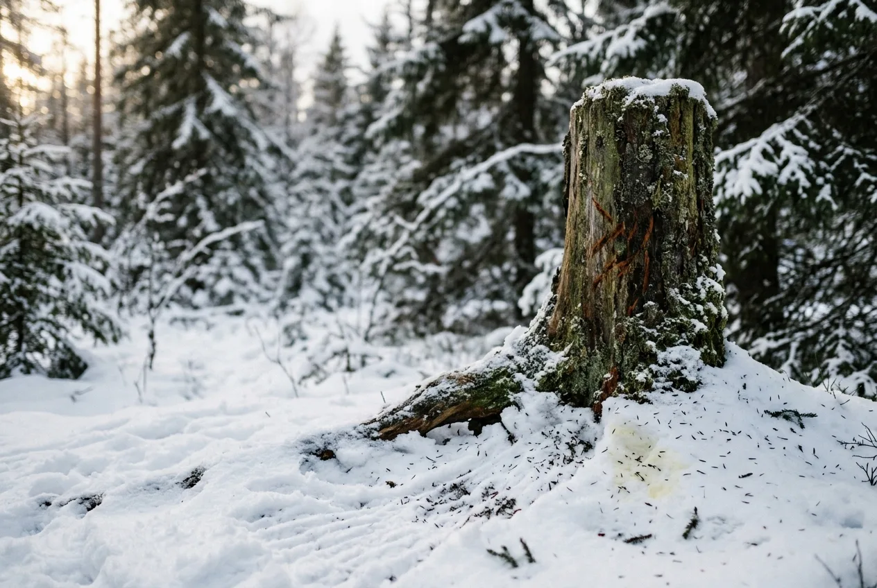 En gaupe markerer revir med skrap og urin mot en mosegrodd stubbe i snødekt granskog.