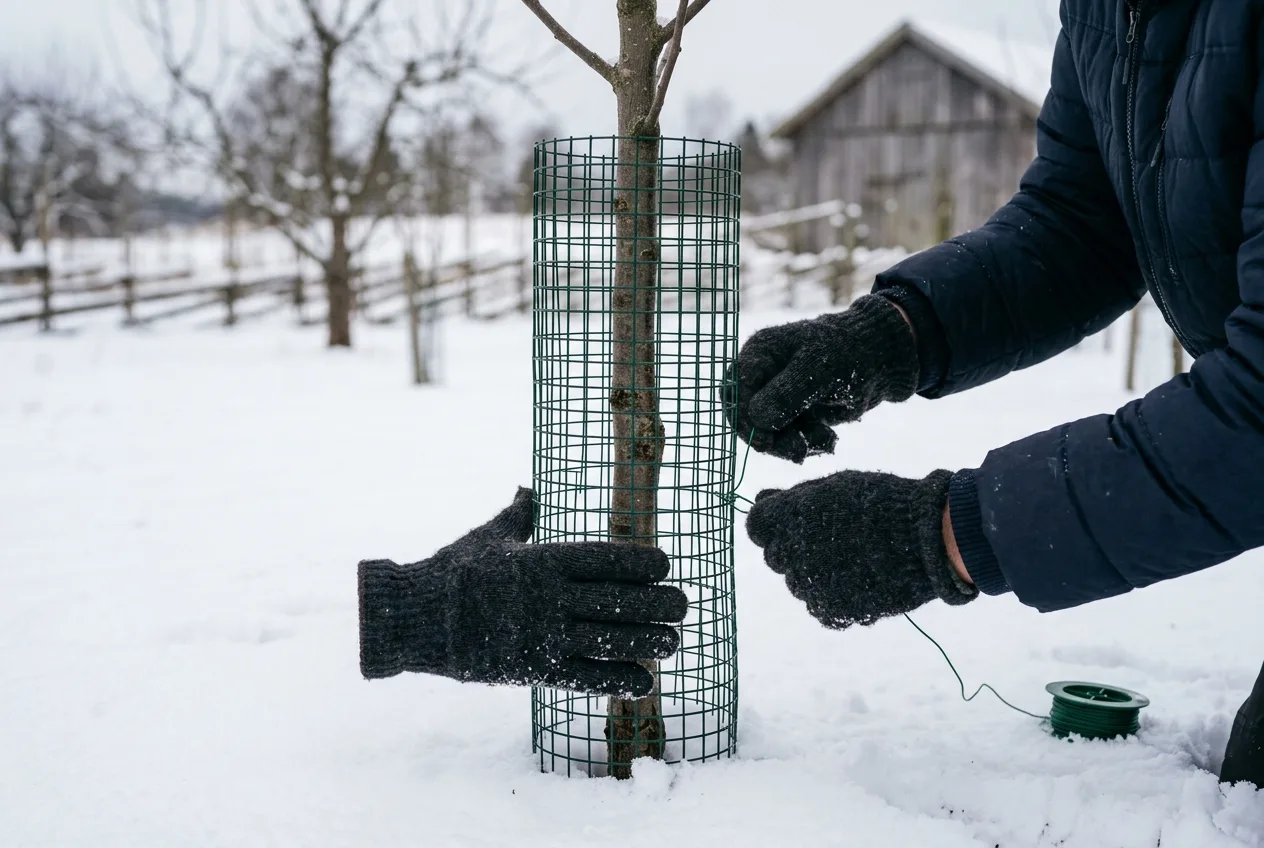 To hender fester et finmasket netting rundt stammen på et ungt tre i snøen om vinteren.
