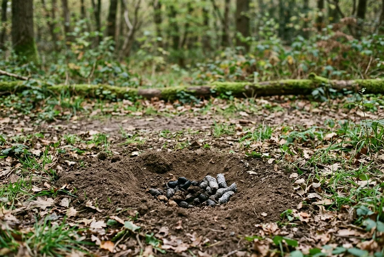 En liten gravd grevlinglatrine – en grunn toalettgrop i skogbunnen ved en territoriegrense.