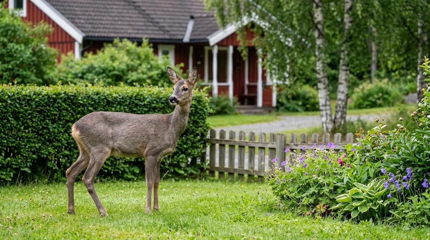 Et rådyr står i en norsk hage ved en hekk og en lav hagegjerde