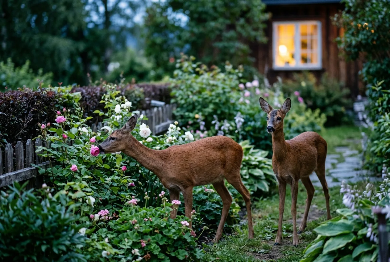 To rådyr beiter på roser og staudebed inntil et hagegjerde i skumringen