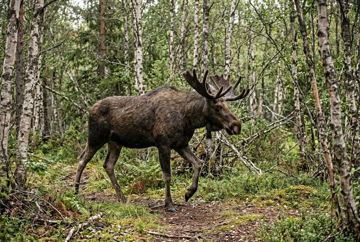 Et dagbilde fra viltkamera av en elg i norsk skog
